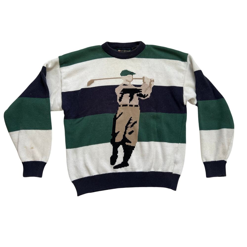 New River Vintage 90s Striped Golf 100% Cotton Crewneck Sweater XL